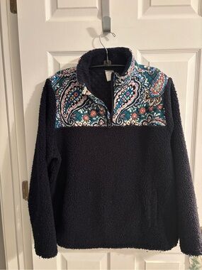 Vera Bradley Navy Sherpa Pullover with Teal Paisley Yoke Large
